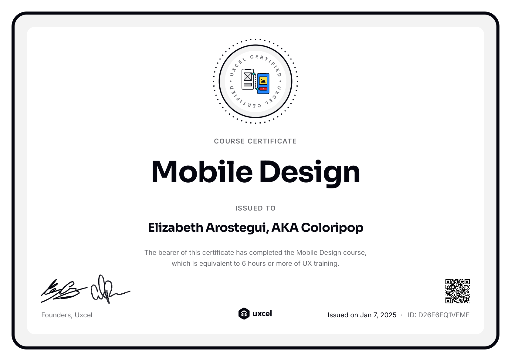Elizabeth Arostegui, AKA Coloripop's certificate